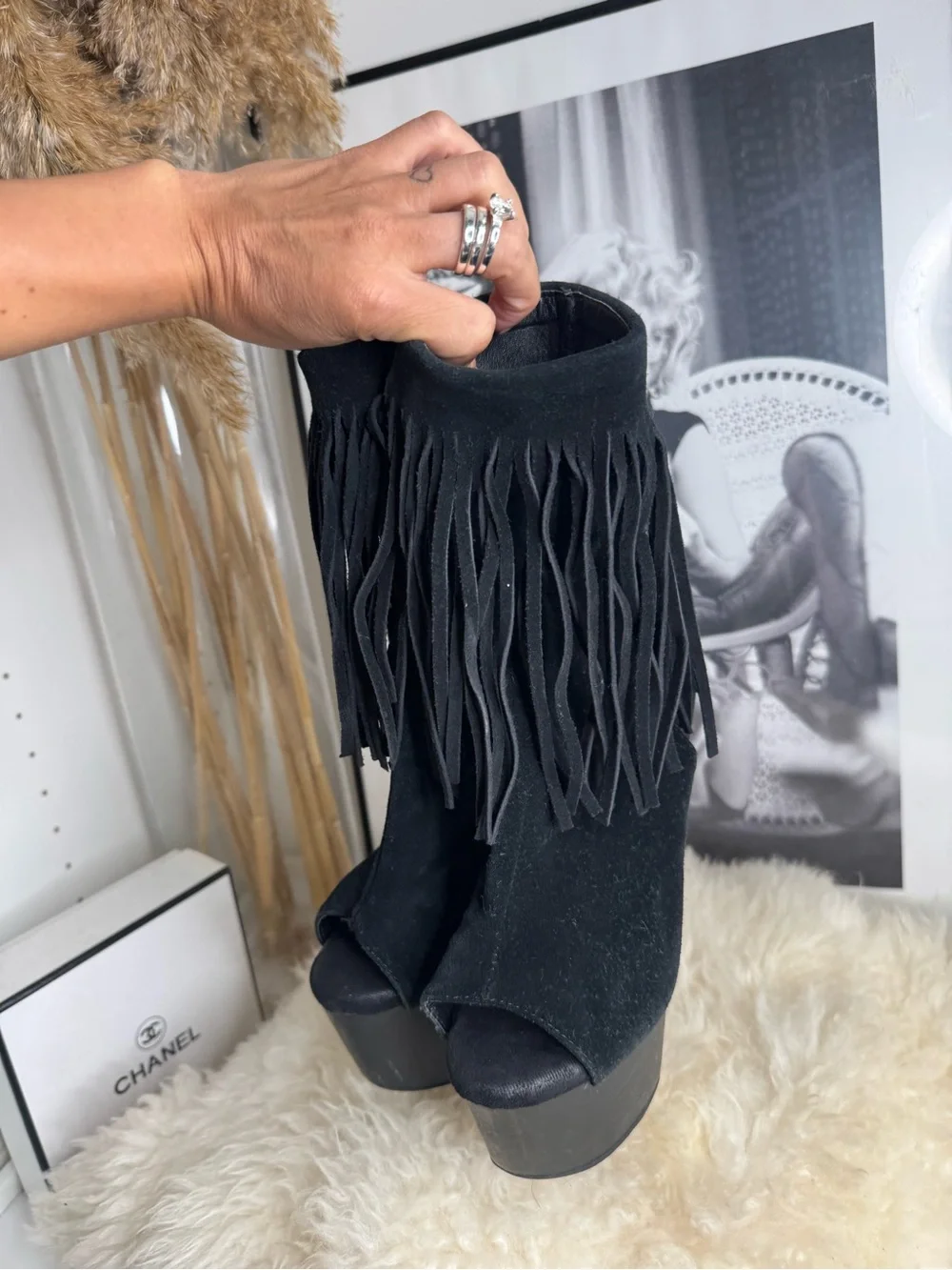 Fringe Peep-Toe Platform Ankle Boots - Black